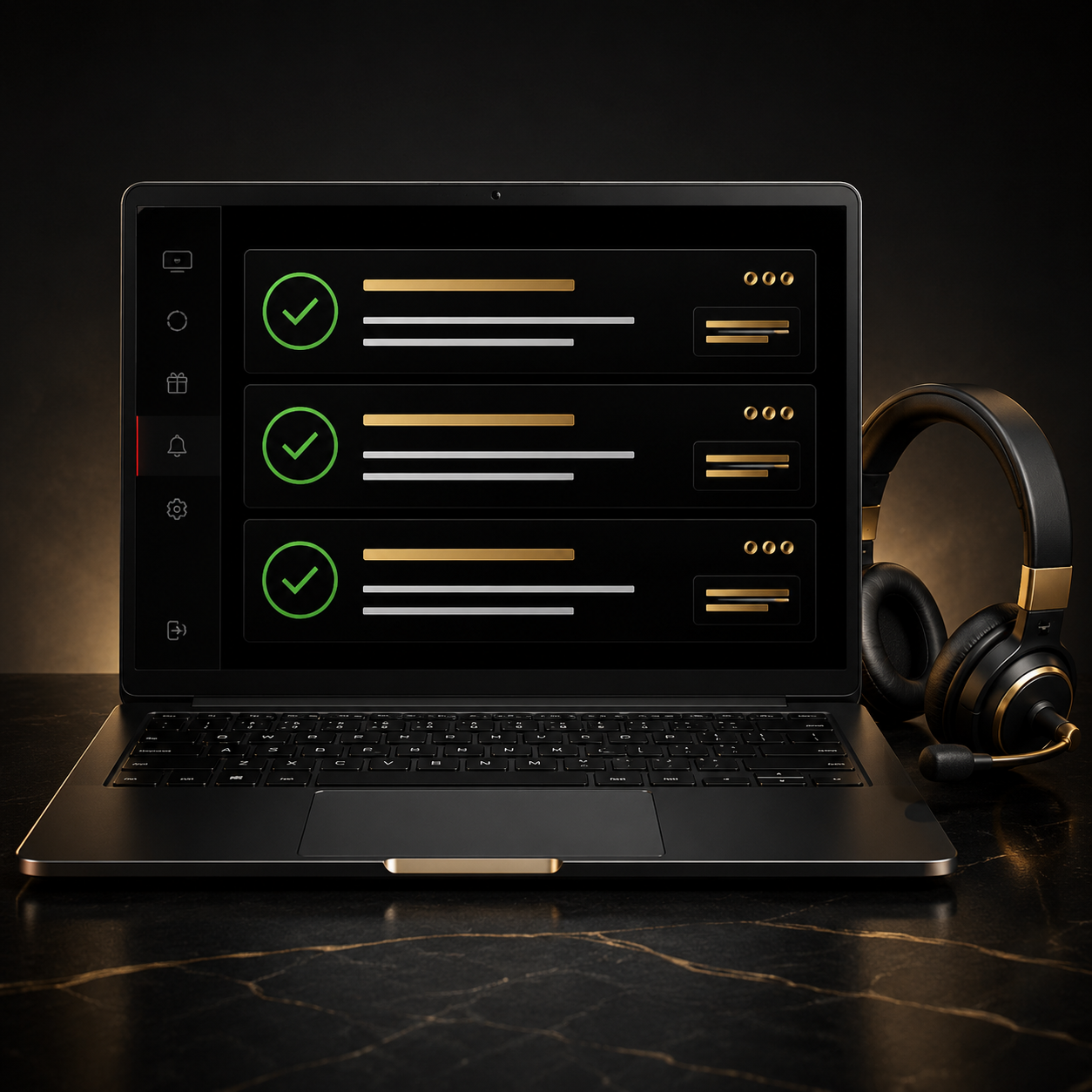 Black-and-gold ACO dashboard showing three successful checkouts with a support headset