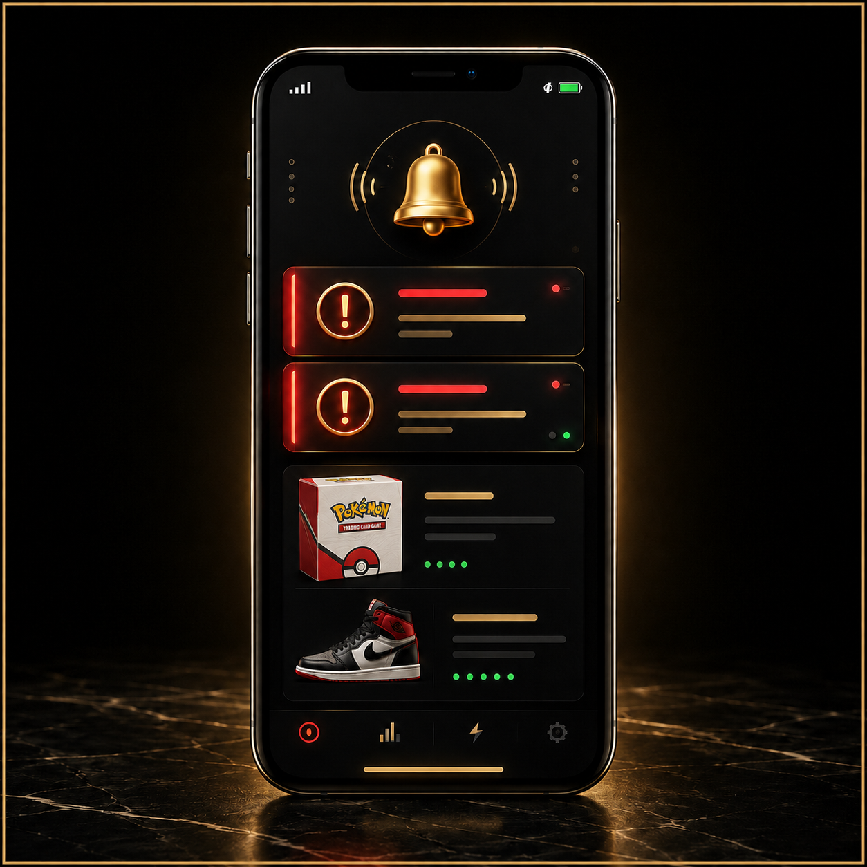 Gold-lit smartphone showing sneaker and Pokémon release alerts