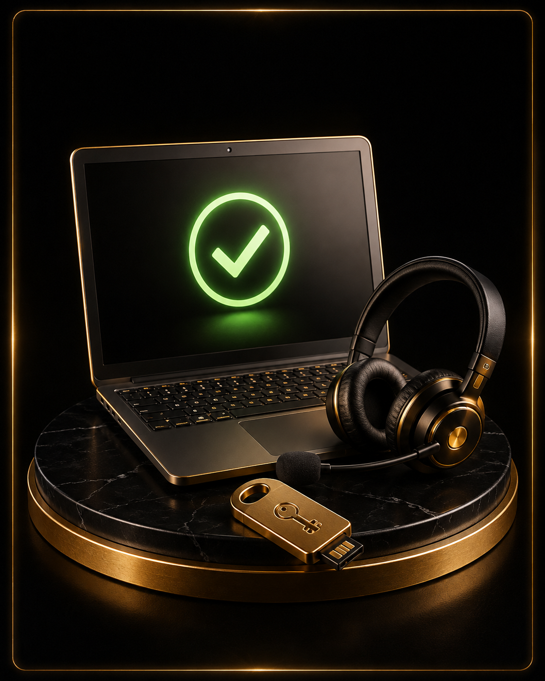 Secure auto-checkout laptop with successful status and support headset