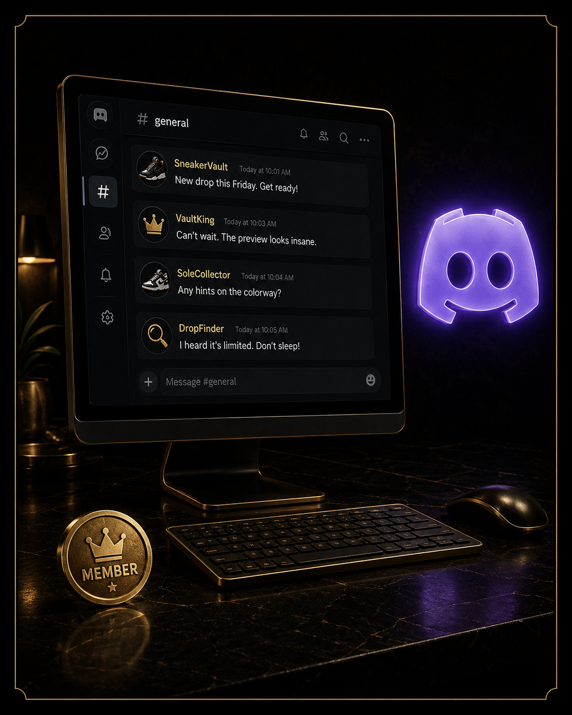 Black-and-gold community chat station with Discord symbol