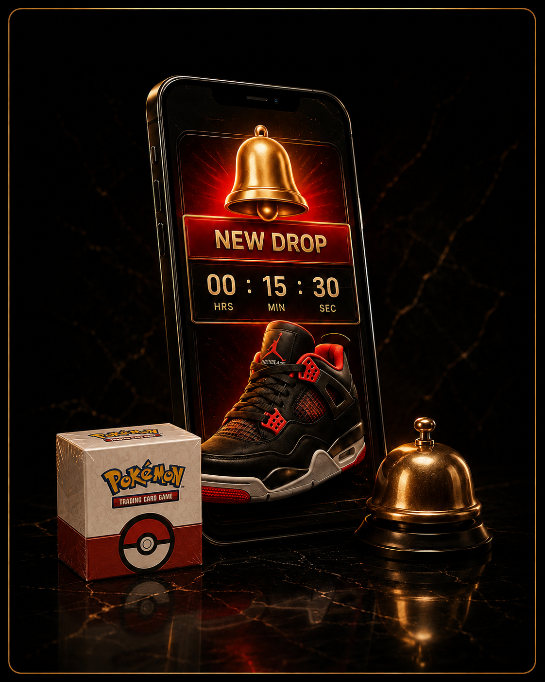 Gold-lit phone showing a sneaker and Pokémon drop alert