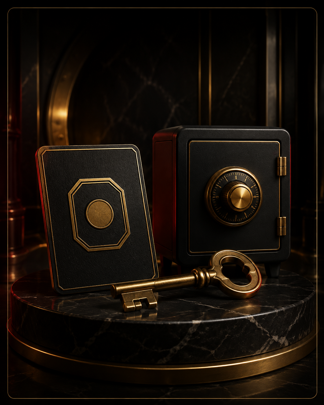 Exclusive member access card, brass vault key, and compact benefits safe