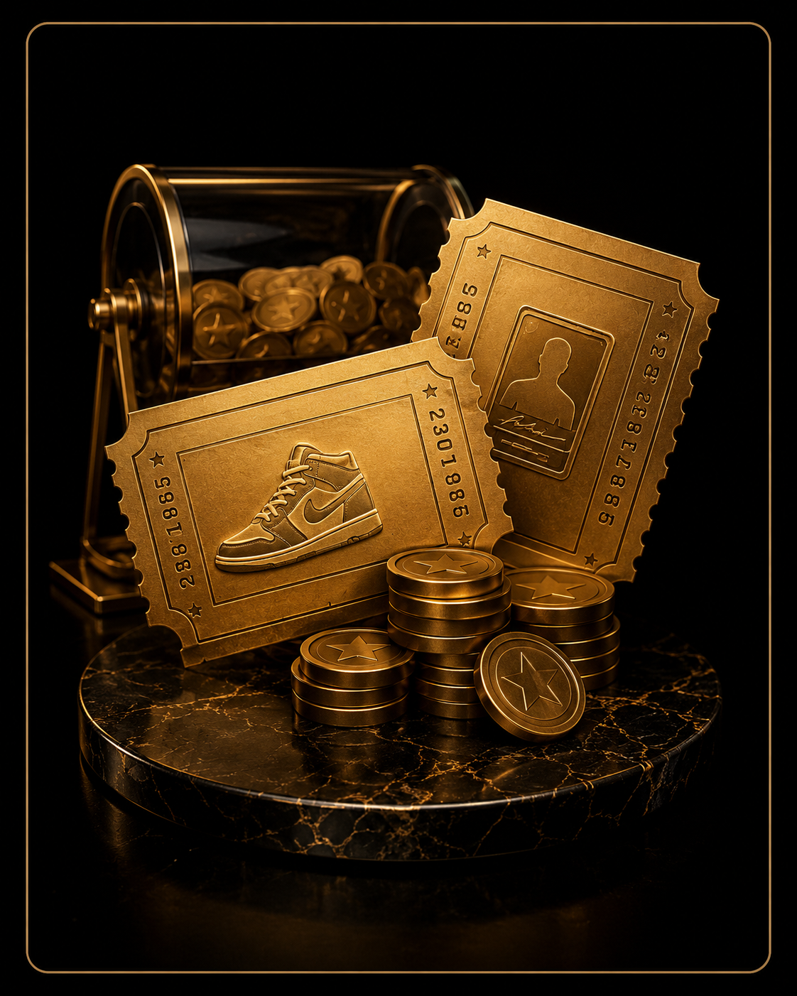 Gold member raffle tickets with prizes and drawing drum
